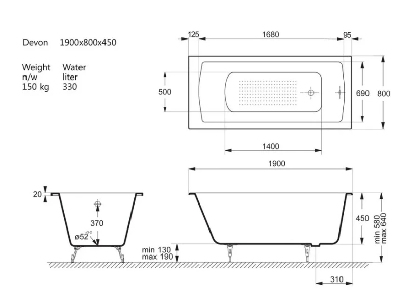 Чугунная ванна Vinsent Veron Devon VDV1908045-AS, 190 x 80 см, с антискользящим покрытием, цвет белый - фото 2