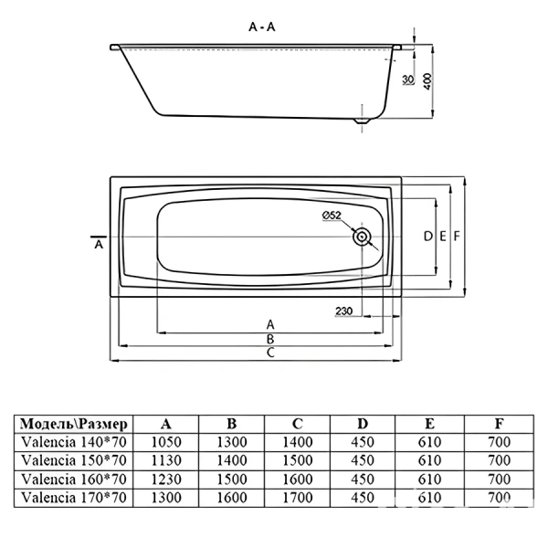 Ванна акриловая Alba Spa Valencia ВПР0070000100, 170 x 70 см, цвет белый - фото 2