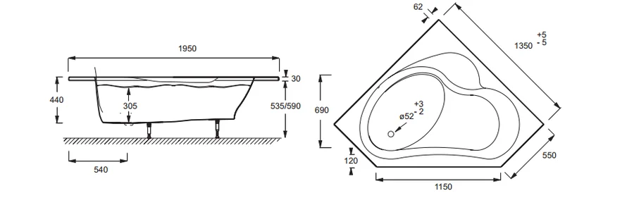 Ванна акриловая Jacob Delafon Bain Douche левая, 135 x 135, с регулируемыми ножками, E6220RU-00 - фото 2