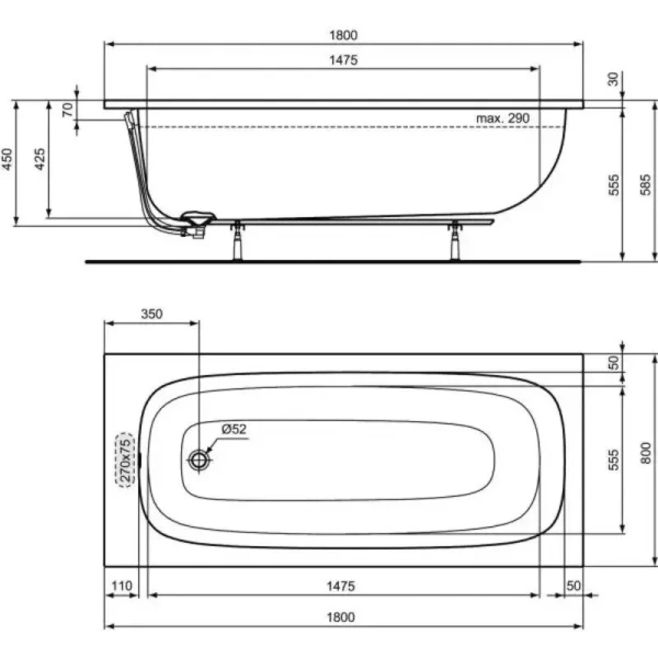 Ванна акриловая Ideal Standard i.life 180х80 см белая, современныe, hi-tech - фото 3