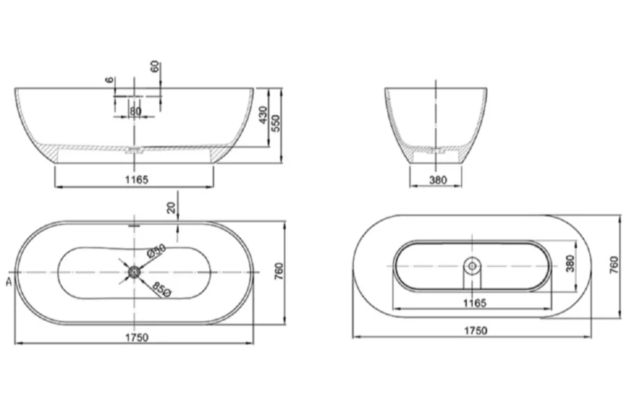 Ванна Uni-Flow Oval из искусственного камня Solid surface FS307-1750 Matt White, 175 х 75 см, белая матовая - фото 2