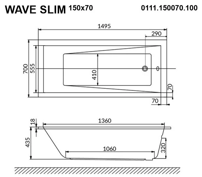 Ванна гидромассажная Whitecross Wave Slim 150 x 70 см, ULTRA NANO, золото, белый, 0111.150070.100.ULTRANANO.GL - фото 2