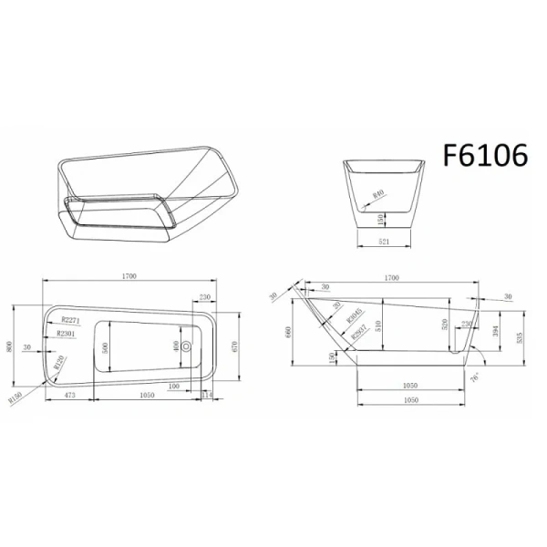 Ванна акриловая Frank F6106, 12518, 170 х 80 см, цвет белый/черный, без гидромассажа - фото 6