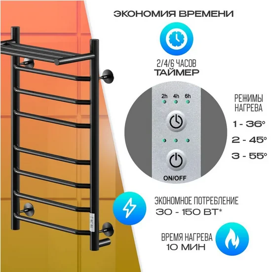 Полотенцесушитель электрический Ника WAY 80х40 см черный матовый - фото 4
