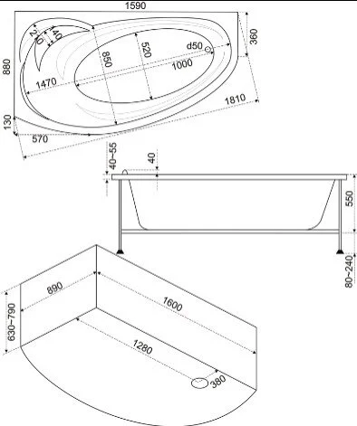 Ванна акриловая Bas Флорида, 160 х 88 см, левая/правая, В 00038/В 00039 - фото 2