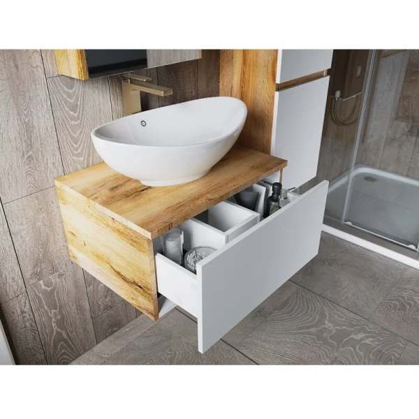 Тумба под раковину подвесная Misty Ива 80 см белый/дуб вотан, подвесная, пристенная - фото 4