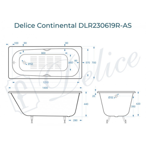 Ванна чугунная Delice Continental DLR230619R-AS 140x70 см с антискользящим покрытием - фото 3