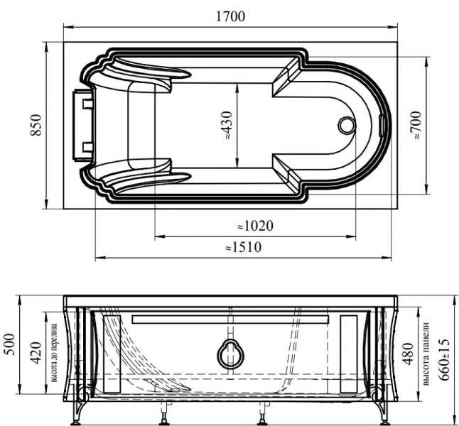Акриловая ванна Fra Grande Анабель 4-01-2-0-1-420, 170 x 85 см, рама-подставка на декоративных ножках, комплект панелей, подголовник, хром - фото 2