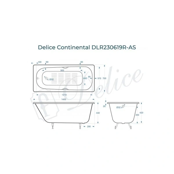 Ванна чугунная Delice Continental DLR230619R-AS 140x70 см с антискользящим покрытием - фото 2