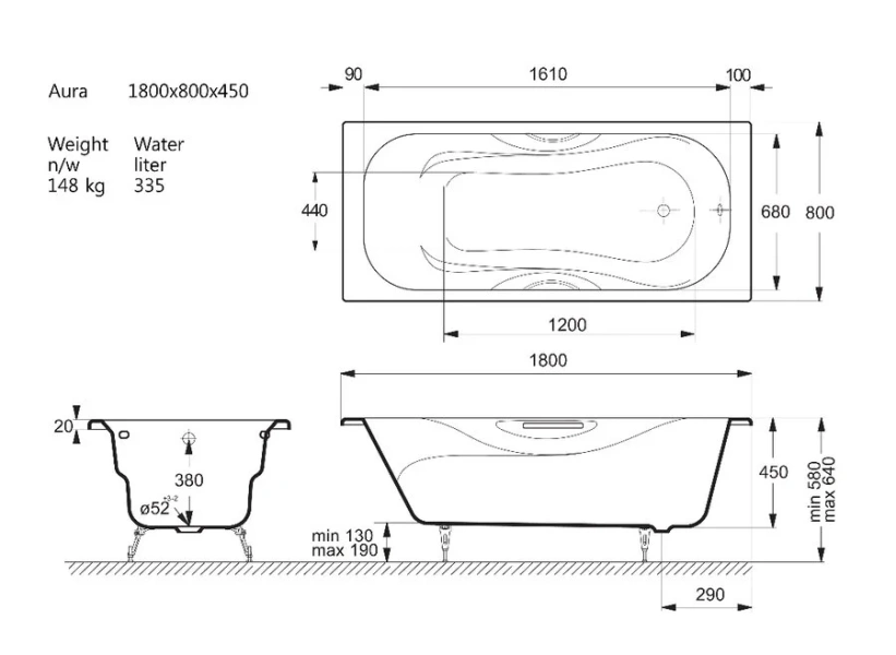 Чугунная ванна Vinsent Veron Aura VAU1808045H/VH0015BL, 180 x 80 см, ручки черные матовые, цвет белый - фото 2