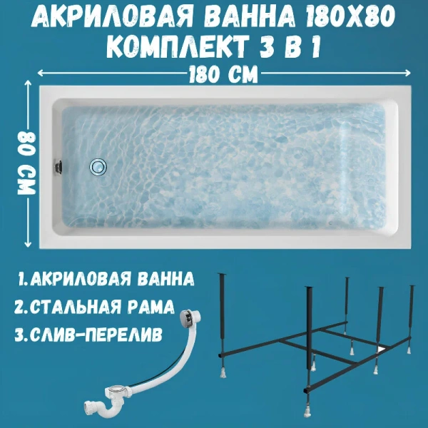Ванна акриловая 1MarKa Bianca 01бья1880кс2+, 180 x 80 см, цвет белый, белые - фото 8