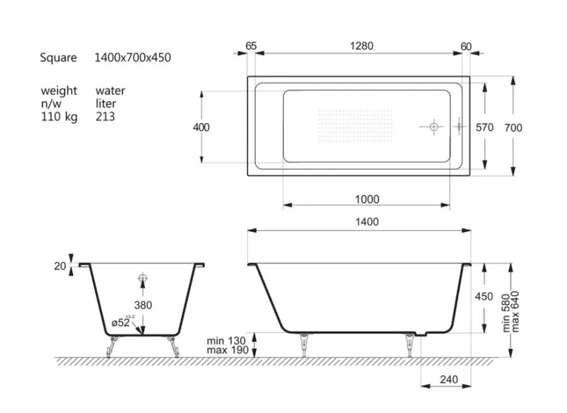 Чугунная ванна Vinsent Veron Square VSQ1407045-AS, 140 x 70 см, с антискользящим покрытием, цвет белый - фото 2