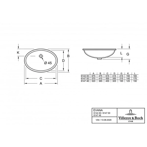 Раковина встроенная Villeroy&Boch Evana 614700 50 см, современные, hi-tech - фото 2