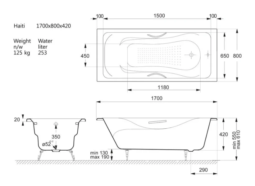 Чугунная ванна Vinsent Veron Haiti VHT1708042H/VH008CH-AS, 170 x 80 см, с антискользящим покрытием, ручки хром, цвет белый - фото 2