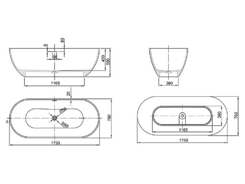 Ванна Uni-Flow Oval из искусственного камня Solid surface FS307-1750 Gloss White, 175 х 75 см, белая - фото 2