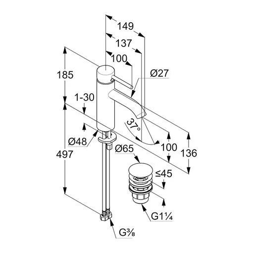 Смеситель для раковины Kludi Bozz 38288 донный клапан Push-Open - фото 2