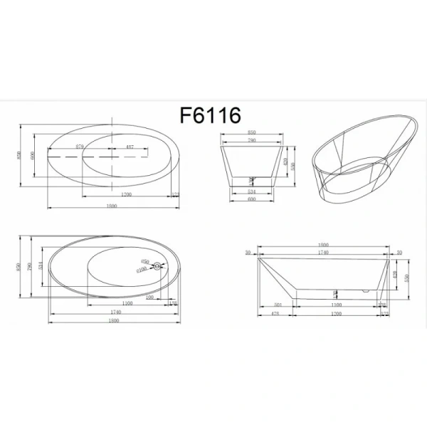 Ванна акриловая Frank F6116, 12522, 180 х 85 см, цвет белый, овальные - фото 5