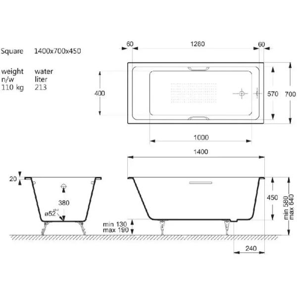 Чугунная ванна Vinsent Veron Square VSQ1407045H, 140 x 70 см, с отверстиями под ручки, цвет белый - фото 2