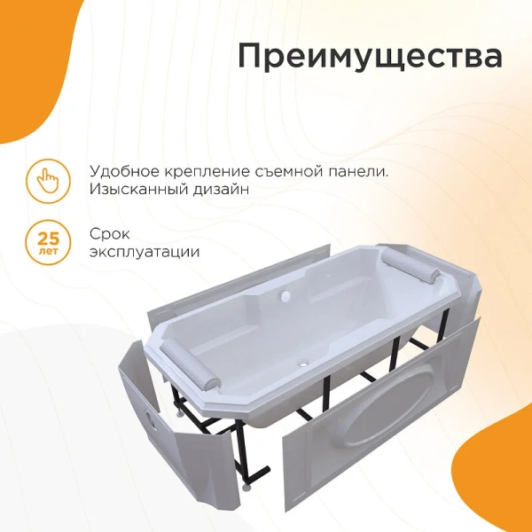 Акриловая ванна Fra Grande Фернандо 4-01-2-0-1-421, 190 x 90 см, рама-подставка на декоративных ножках, подголовник - 2 шт., белая/хром, прямоугольные - фото 5