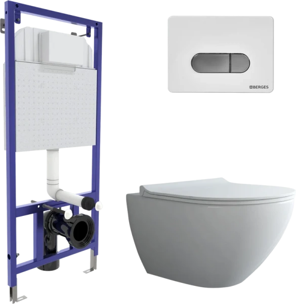 Унитаз с инсталляцией BERGES Puma кнопка хром/белая - фото 1