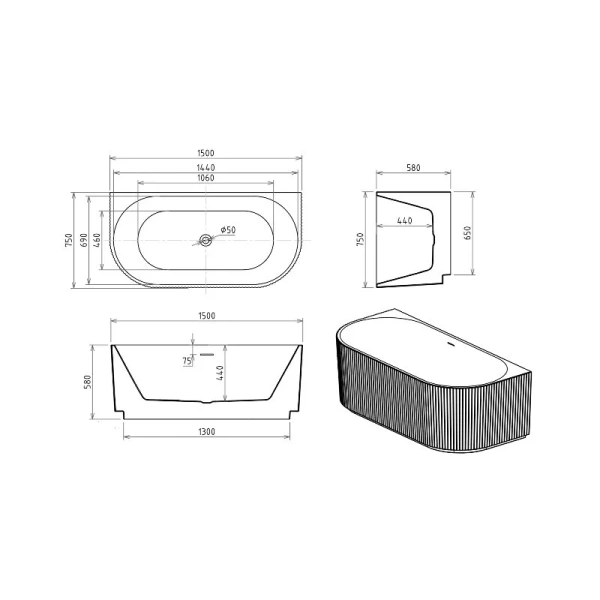 Ванна акриловая Royal Bath Nero RB611900GD, 150 x 75 см, цвет белый - фото 3