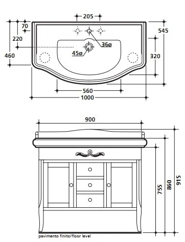 Тумба с раковиной напольная Kerasan Retro 7347 100 см МДФ, в наличии, по запросу, нет в наличии - фото 2