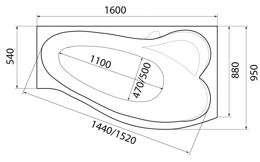 Ванна акриловая Marka One Gracia 160 x 95 см, белый, левая/правая - фото 2