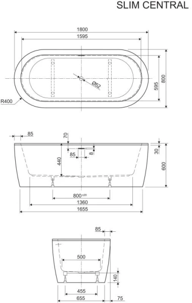 Ванна акриловая Cezares SLIM CENTRAL-180-80-60 см отдельностоящая - фото 2