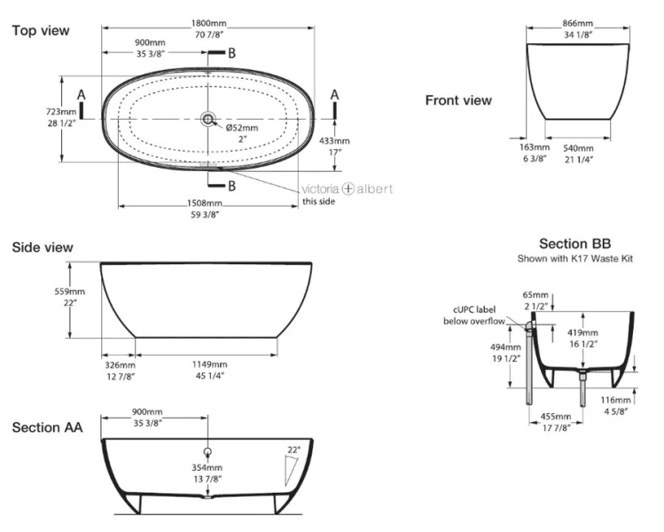 Ванна Victoria&Albert Barcelona 180 x 87 см, отдельностоящая, белый, BA3-N-SW-NO - фото 2