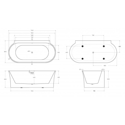Ванна акриловая BelBagno 170х80 см черная/белая матовая - фото 4