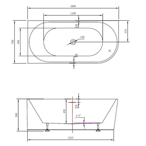 Ванна акриловая Vincea VBT-402-1600L/VBT-402-1600R, 160 x 75 см, слив-перелив в комплекте, левая/правая, цвет белый - фото 2