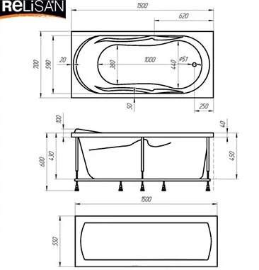 Ванна акриловая Relisan Daria Гл000008875 150 х 70 см - фото 3
