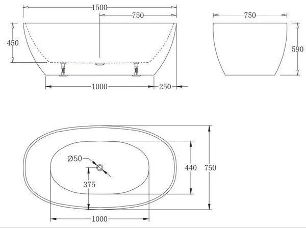 Ванна акриловая BelBagno 150х75 см овальная - фото 2