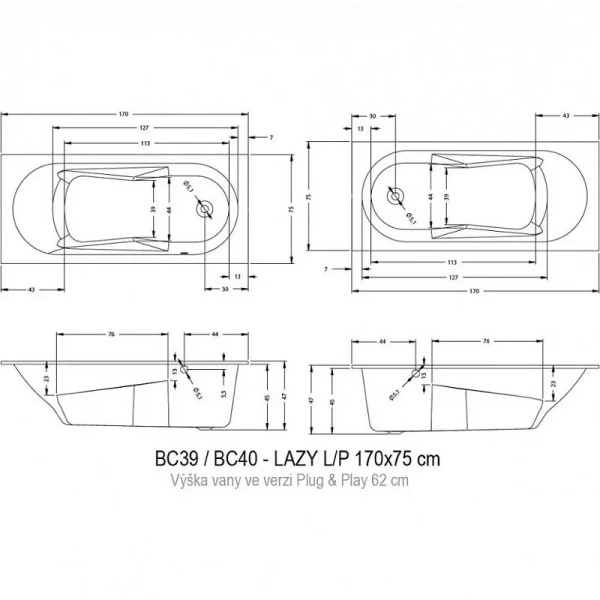 Акриловая ванна Riho Lazy Plug & Play B079005005/B080005005, 170 x 75 см, левая/правая, цвет белый - фото 2