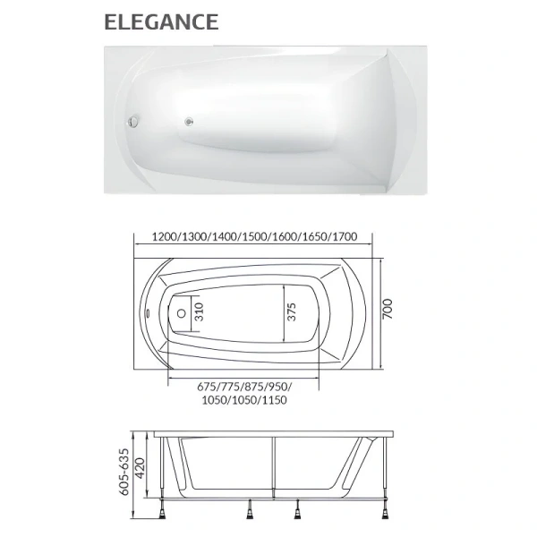 Ванна акриловая 1MarKa Elegance 01эл1670кс1+, 160 x 70 см, цвет белый - фото 2