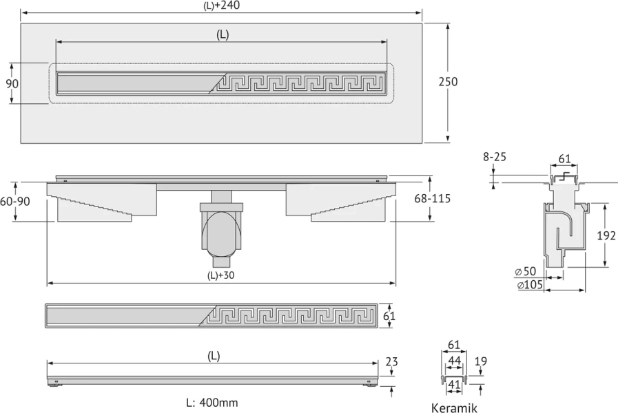 Душевой лоток BERGES B1 Keramik 40 см матовый хром, матовый хром index_1 - фото 10