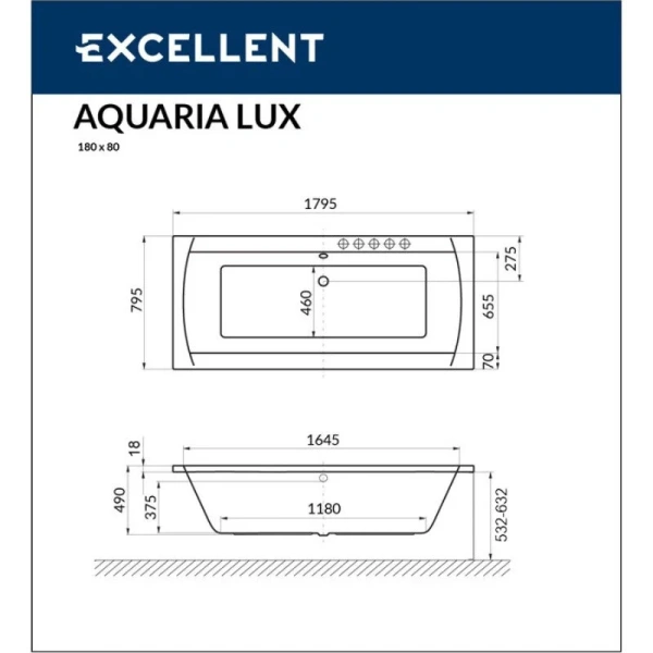 Ванна гидромассажная Excellent Aquaria Lux Slim Nano 180 x 80 см, цвет белый/золото, WAEX.AQU18S.NANO.GL - фото 3