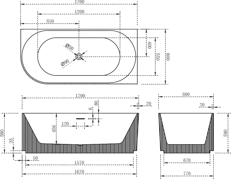 Акриловая ванна Abber 170х80 см правосторонняя, 170x80 см - фото 4