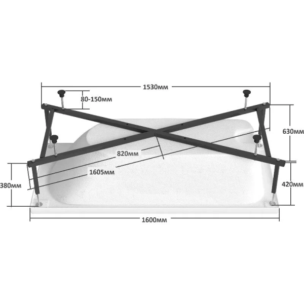Ванна акриловая Diwo Ярославль 160 x 70 см, с каркасом, цвет белый, 333192/333202, приставные, встраиваемые - фото 7