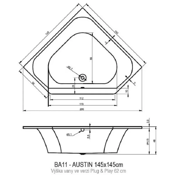 Акриловая ванна Riho Austin Plug & Play B005019005 145 x 145 см, цвет белый - фото 2