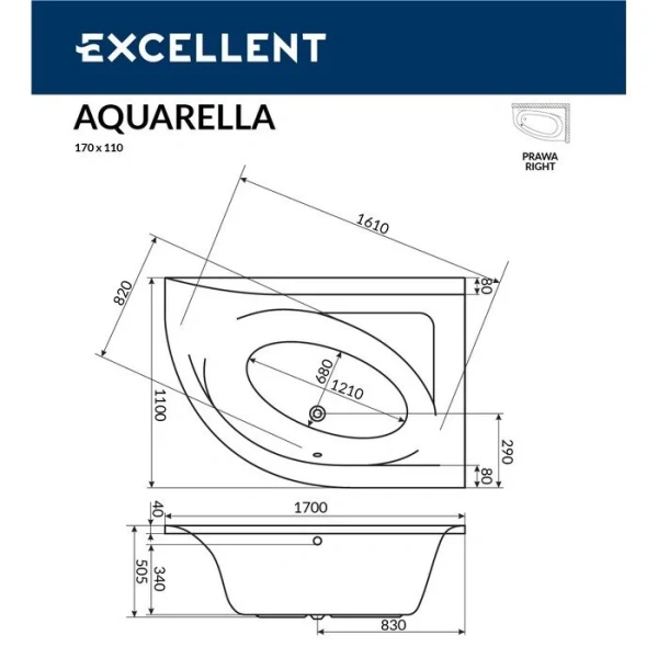 Ванна гидромассажная Excellent Aquarella Smart 170 x 110 см, правая, белый/бронза, WAEX.ARP17.SMART.BR - фото 2