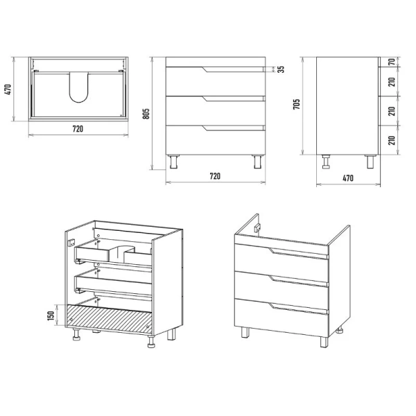 Тумба под раковину напольная Misty Софт 75 см с 3 ящиками, в наличии - фото 2
