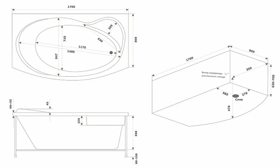 Ванна акриловая Bas Либера В 00066 170 х 100 см, белая - фото 2