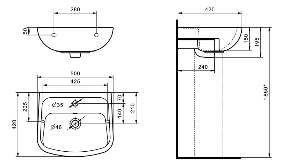Раковина Santek Лонги 50 см 1 отверстие под смеситель - фото 2