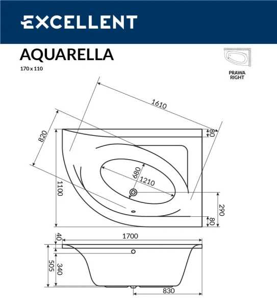 Ванна акриловая Excellent Aquarella 170 x 110 см, цвет белый, левая/правая - фото 4