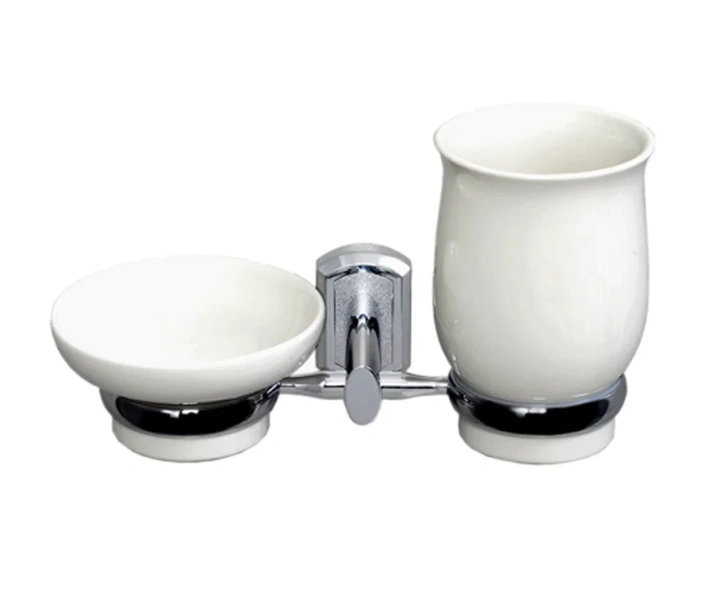 Стакан для ванной и мыльница WasserKRAFT хром/белый - фото 1