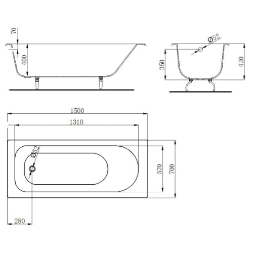 Ванна чугунная Byon B13 150x70 см без ручек, чугунные - фото 2