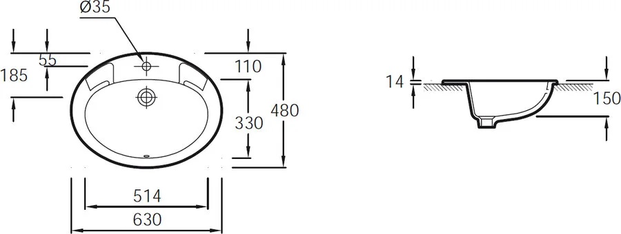 Раковина Jacob Delafon Ovale Dessus 63 см встраиваемая, современные, hi-tech - фото 2
