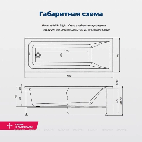 Ванна акриловая Aquanet Bright 180 x 75 см, с каркасом, цвет белый, 00347766 - фото 2