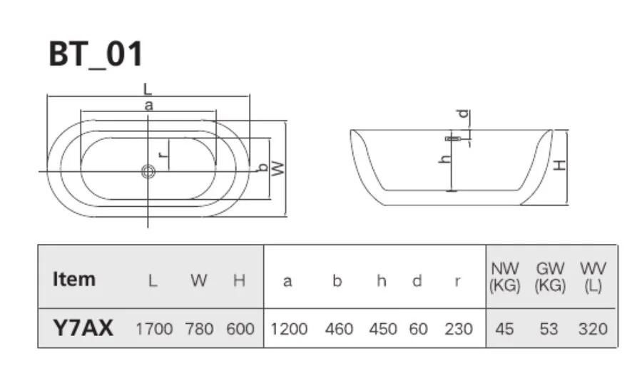 Ванна акриловая Hatria BT_01 170 х 78 см, белый матовый, Y7AX25 - фото 3